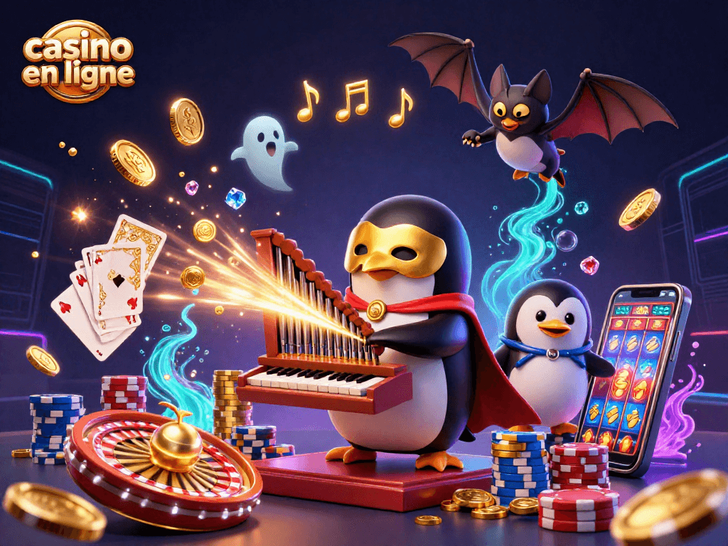 Un casino en ligne animé où un pingouin fantôme joue un orgue, projetant des pièces d'or et des gemmes scintillantes.