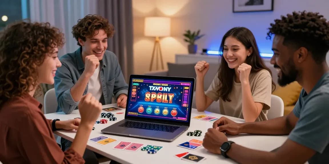 Amis jouant à un casino en ligne avec enthousiasme et ambiance festive.
