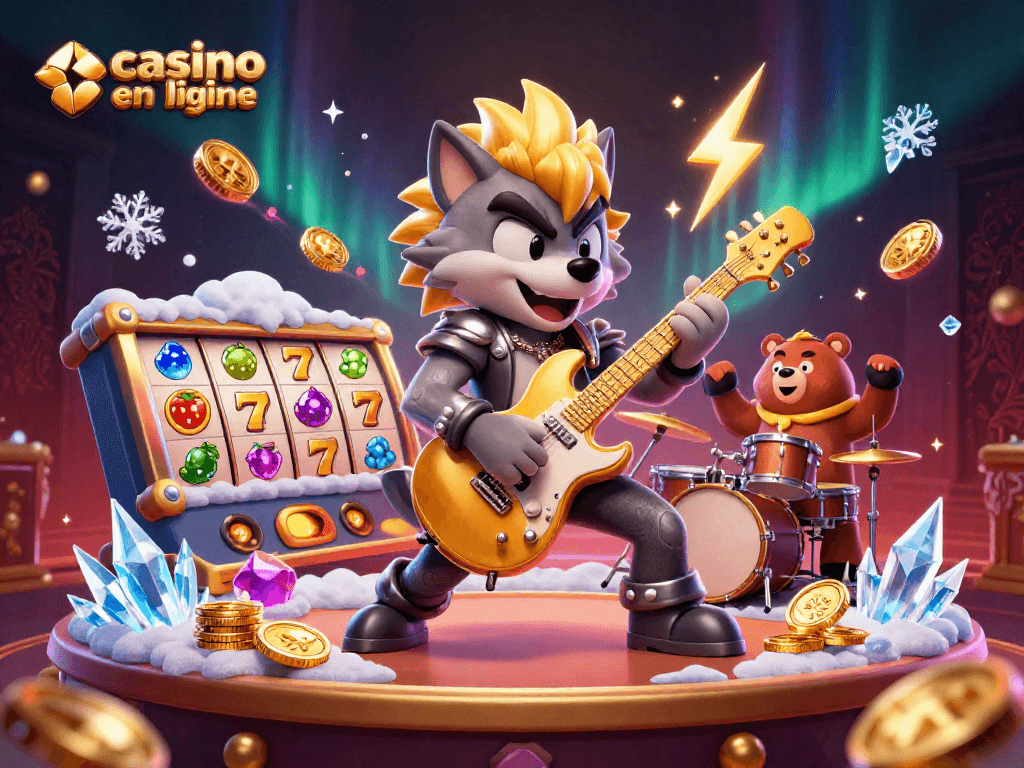 Gagnez des jackpots dans un casino en ligne avec une ambiance de fête et des personnages animés.