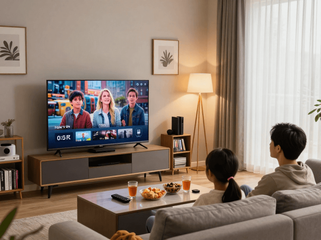 Rassemblement familial autour de l'Iron TV Pro, regardant un film dans un salon moderne.