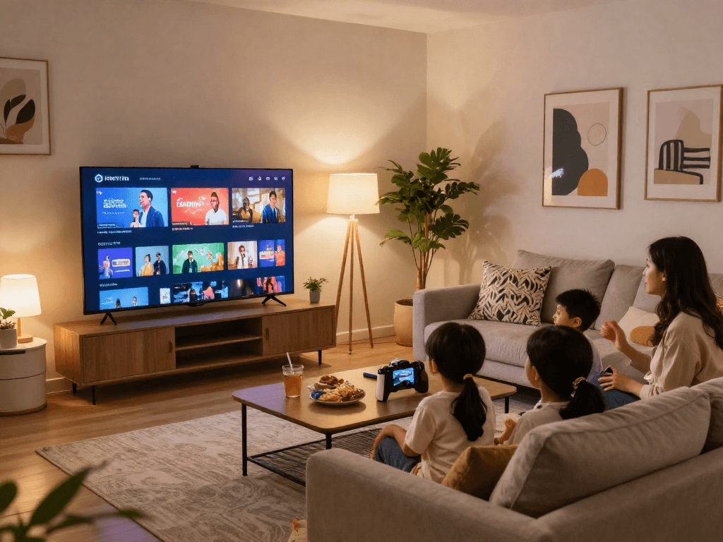 Family enjoying a movie night with Iron TV Pro in a cozy living room.