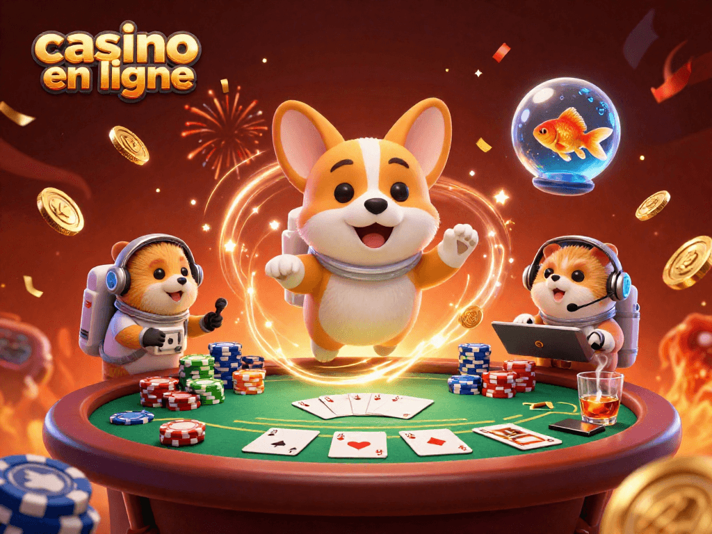 Le chien astronaute flotte dans un casino en ligne, entouré de jetons de poker et de pièces d'or.