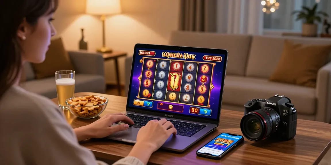 Joueuse enthousiaste de casino en ligne français dans un salon chaleureux, ordinateur portable affichant un jeu coloré.