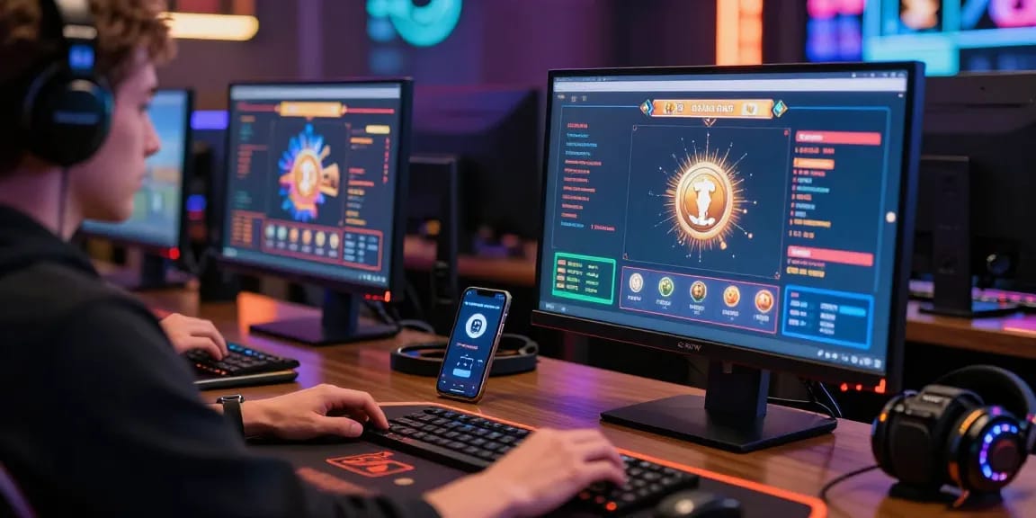 Une image immersive d'un casino en ligne retrait immédiat, illustrant des jeux numériques et un joueur engagé dans des transactions crypto.