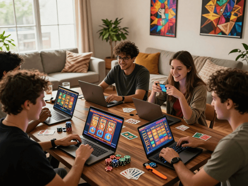 Joueurs engagés dans un casino en ligne français avec des jeux variés sur ordinateurs et smartphones, ambiance chaleureuse et conviviale.