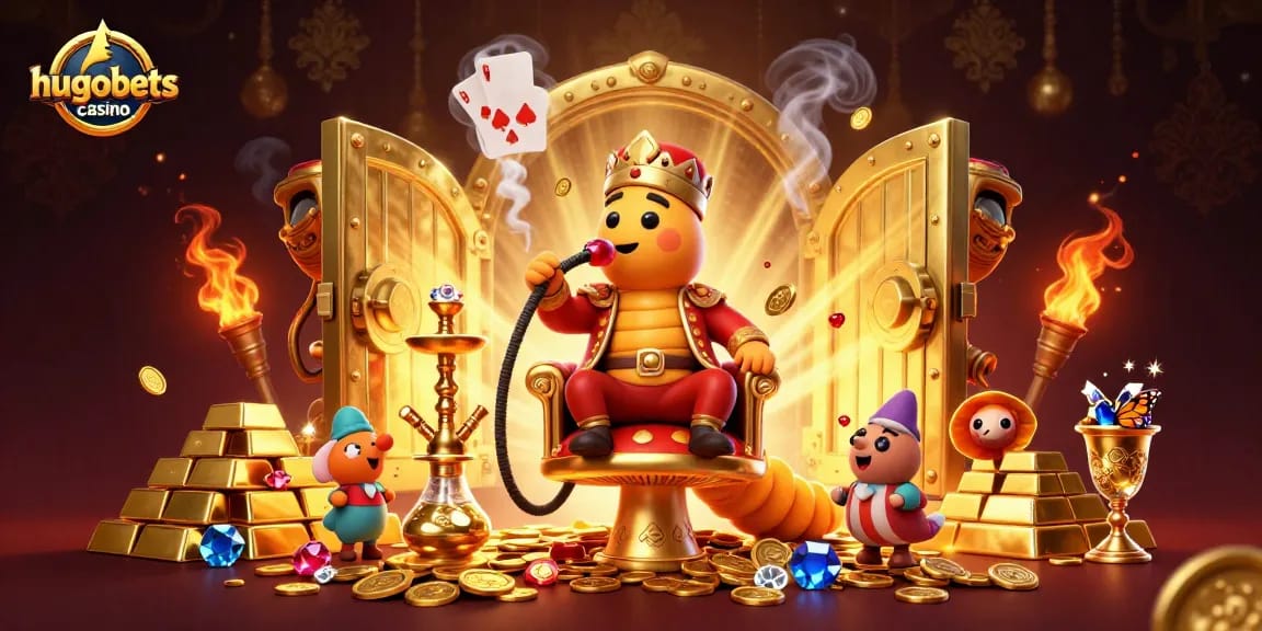 Experience the thrill of hugobets casino with vibrant 3D characters amidst a treasure-filled gaming scene.