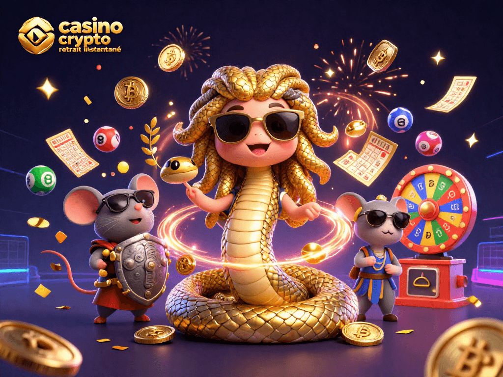 Illustration dynamique du thème casino crypto retrait instantané avec personnages et éléments de jeu colorés.