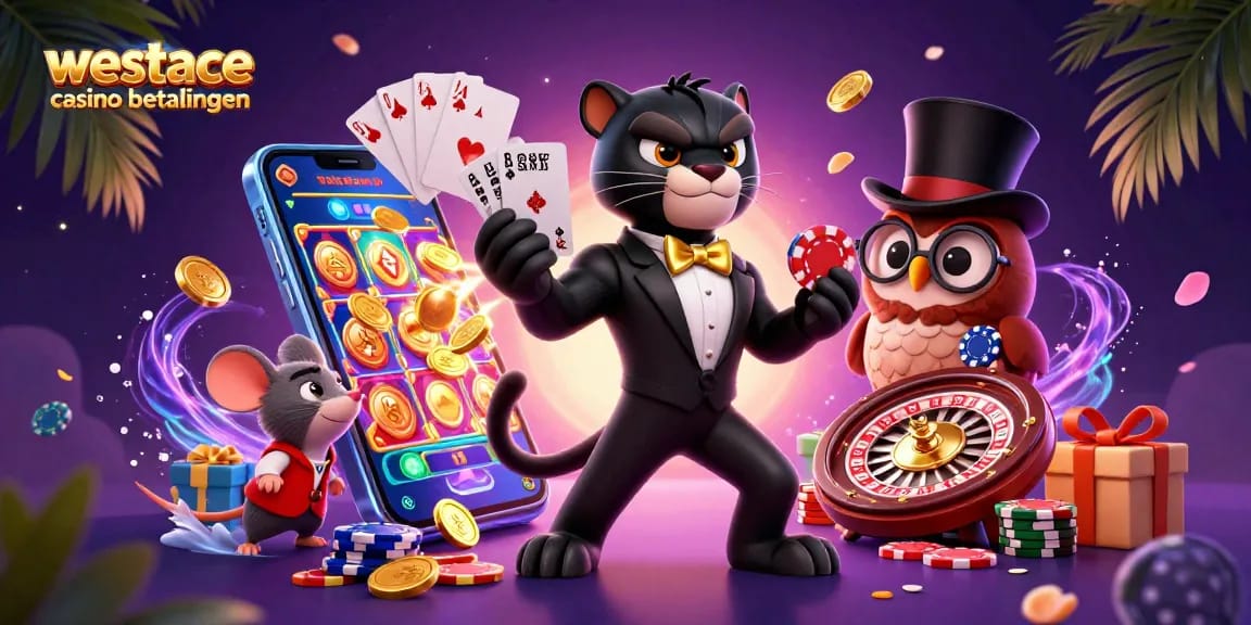 Speel bij westace casino betalingen met een cartoon panter die kaarten deelt, omringd door crypto en casino elementen.
