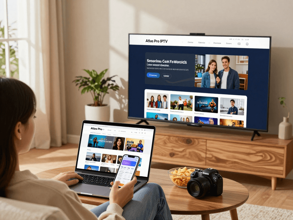Expérience de streaming avec Atlas Pro IPTV sur un téléviseur intelligent dans un salon confortable.