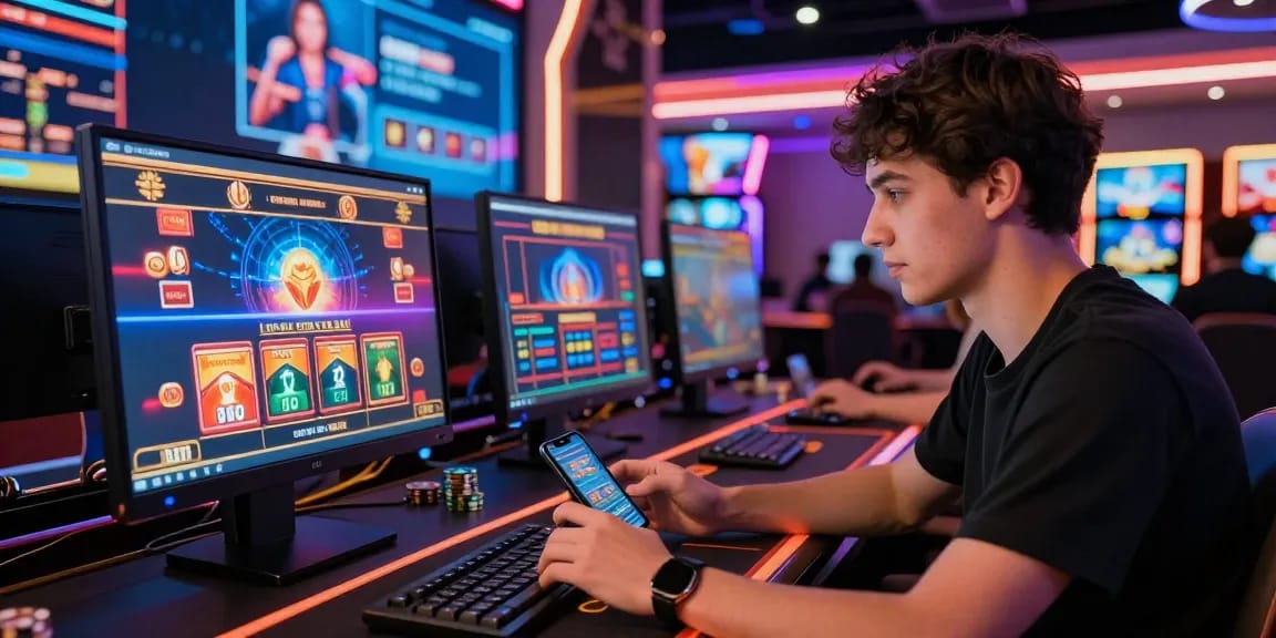 Comparatif casino sans KYC : joueur à l'ordinateur profitant de divers jeux de casino en ligne dans une ambiance dynamique et moderne.