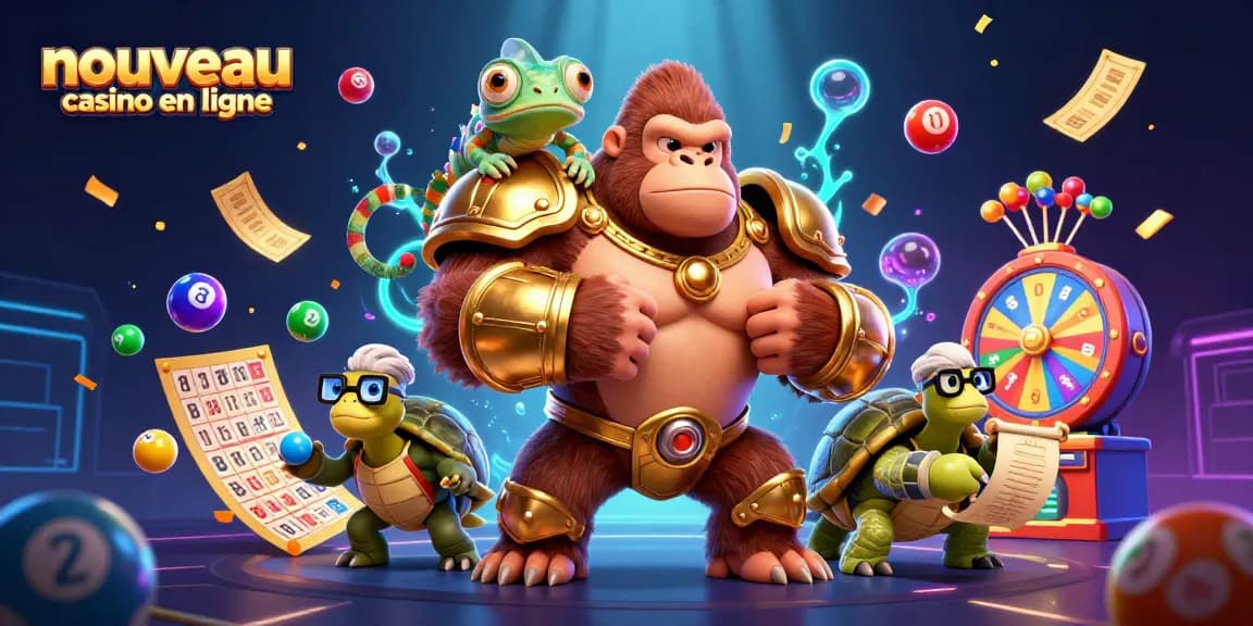 Explorez le nouveau casino en ligne avec cette illustration dynamique de casino, mettant en vedette un gorille royal et ses amis.