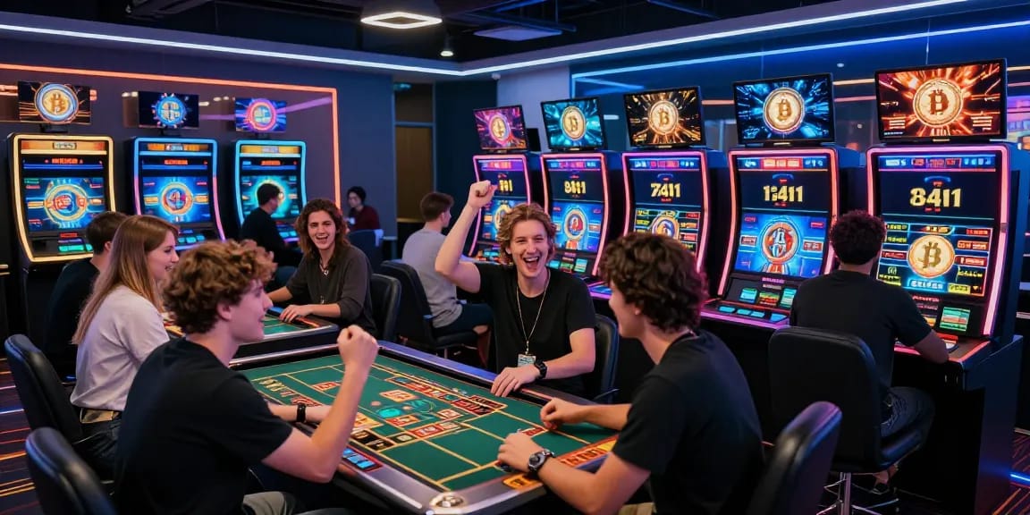 Moment de jeu au meilleur casino crypto avec des joueurs célébrant leurs gains tout en profitant d'une expérience moderne.