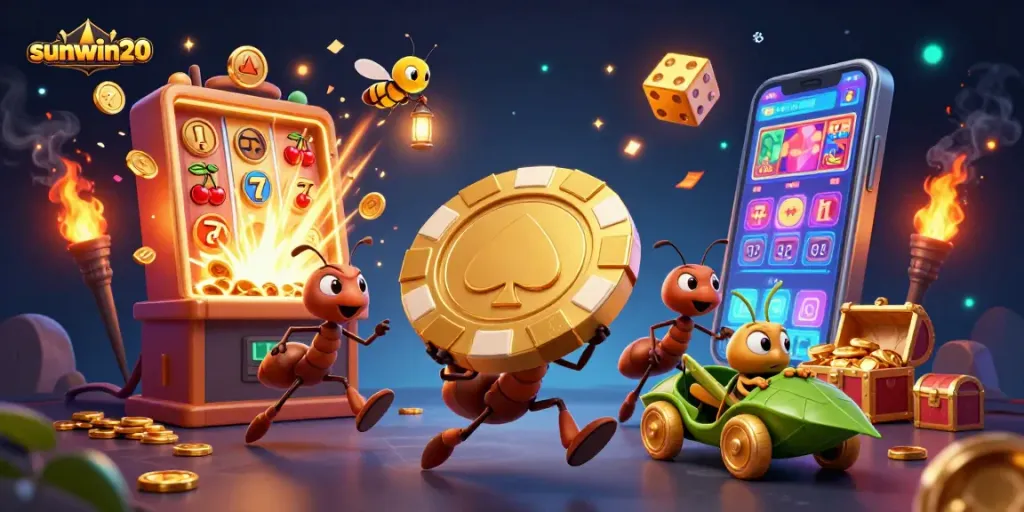 Experience thrilling gameplay with sunwin20 in a vibrant, colorful casino heist illustration.
