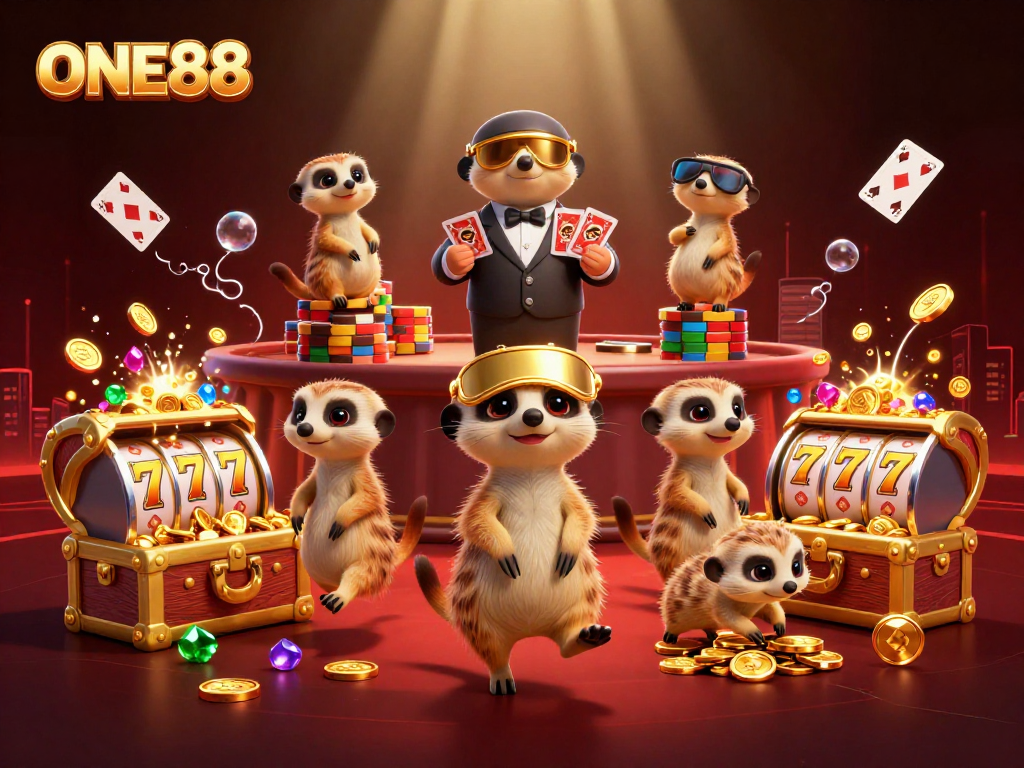 Experience the thrill of ONE88 with a cartoon meerkat casino scene, showcasing dynamic gambling action.