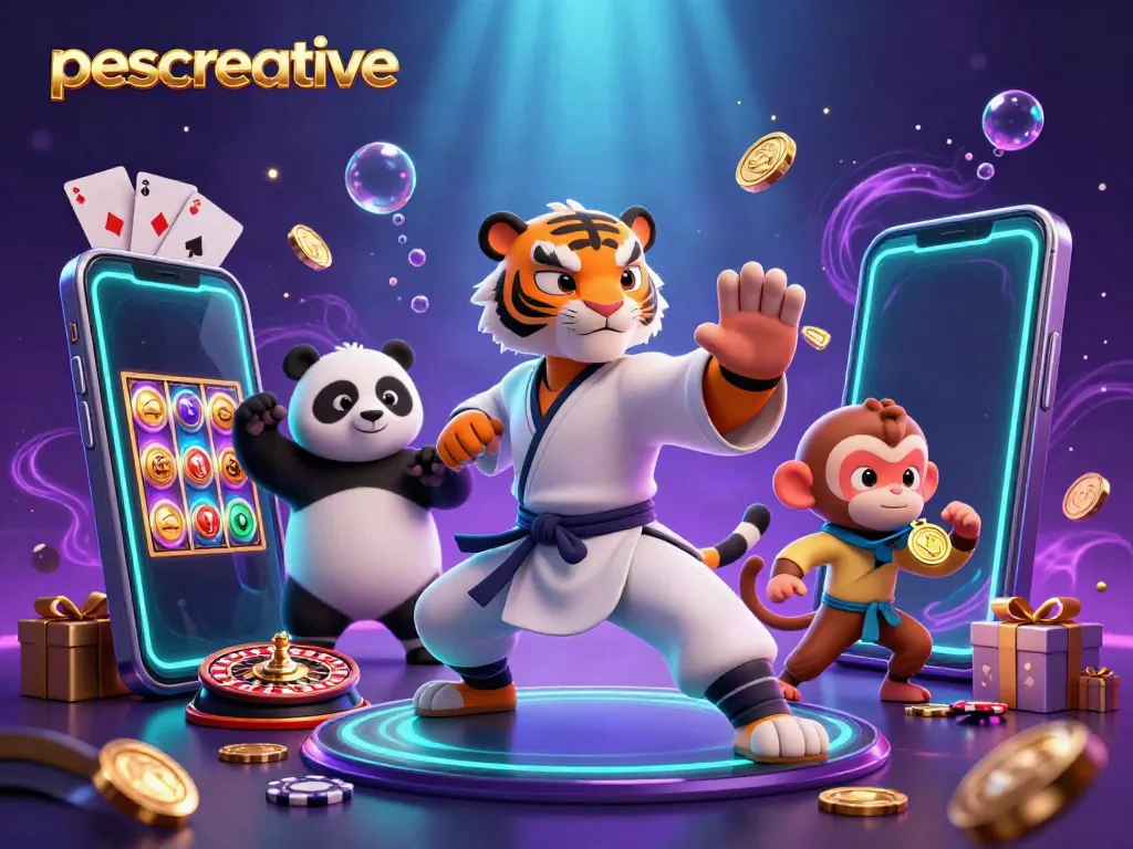 PESCreative's dynamic 3D casino scene captures a kung fu tiger master and panda disciple amidst colorful slot games and casino elements.