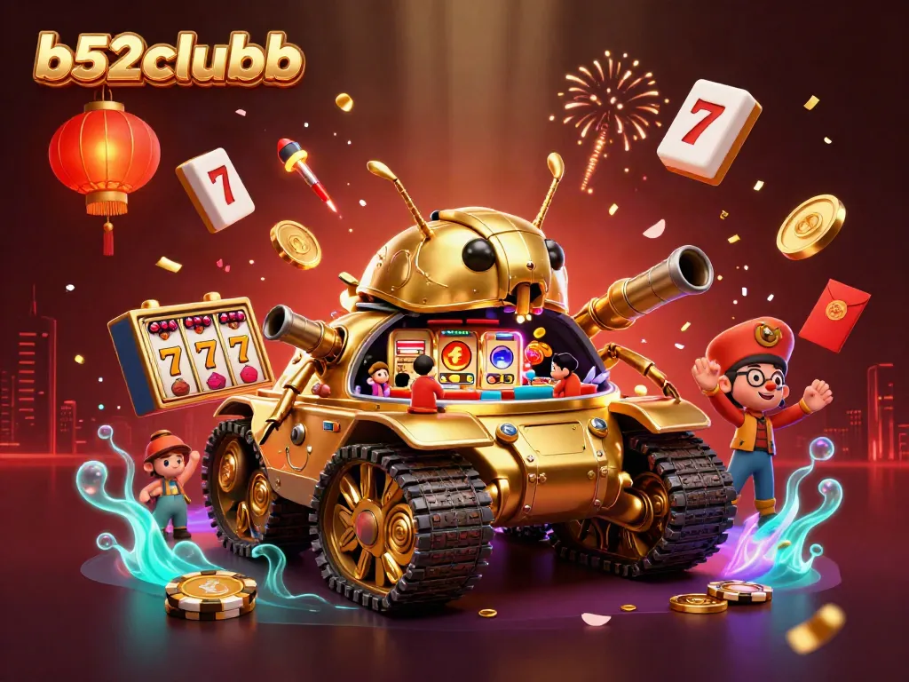 Experience the excitement of b52clubb with vibrant casino scenes featuring a unique beetle tank and festive elements.