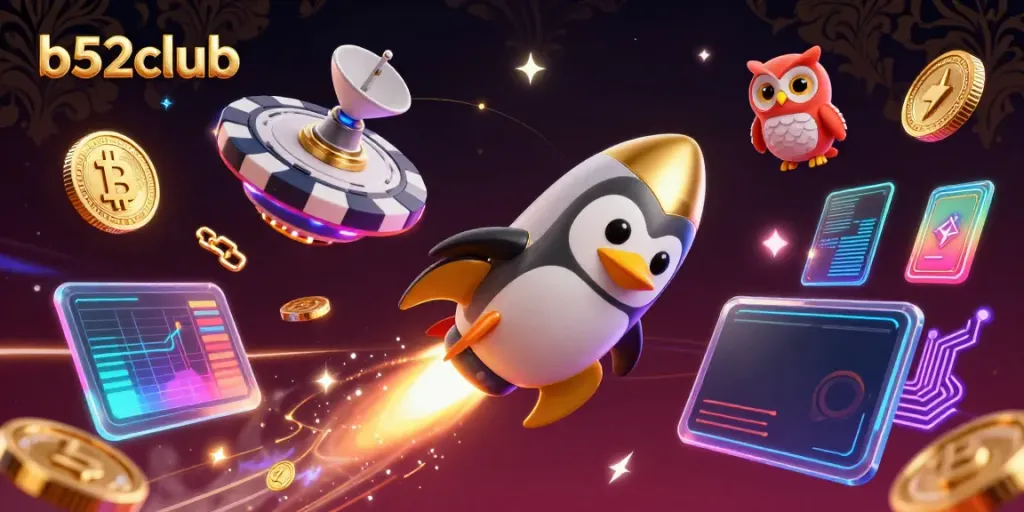 Experience the thrill of b52club with a golden penguin zooming towards a casino in outer space.