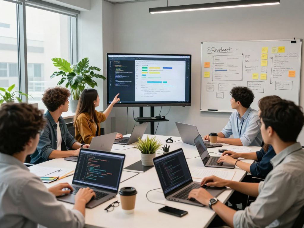 Le développement collaboratif de logiciels avec l'équipe Atlas pro dans un bureau moderne.
