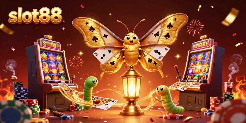 Experience thrilling slot88 action with an illustration of a moth and casino elements.