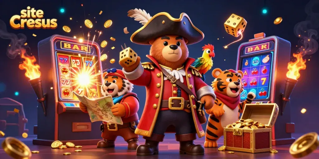 Plongez dans l'univers du site Cresus avec un pirate et son équipage autour de machines à sous.