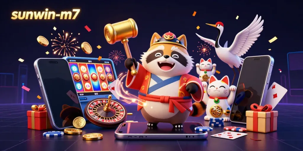 Experience the joy of winning with sunwin-m7 in a vibrant 3D festival scene featuring lucky symbols and a festive atmosphere.