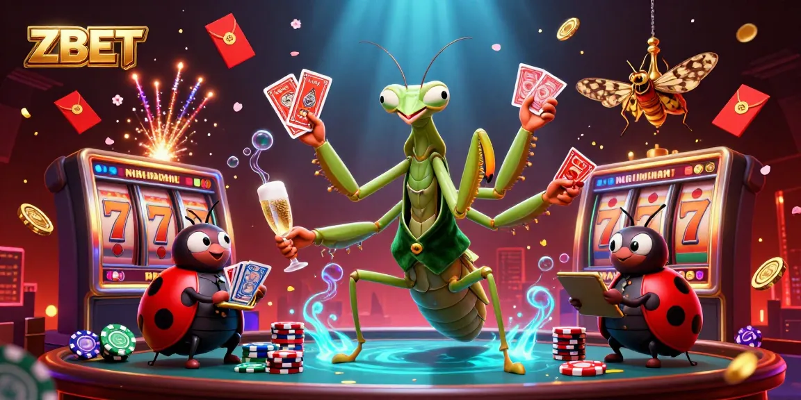 ZBET showcases exciting casino elements with a dynamic scene of a giant mantis card sharp and vibrant gaming symbols.