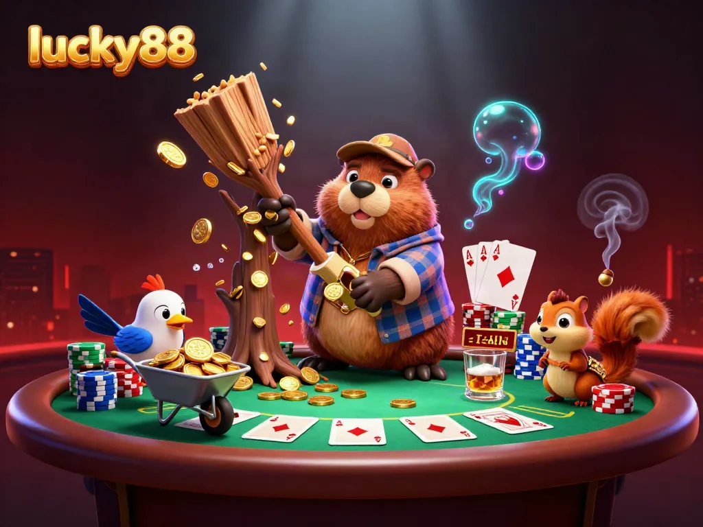 Experience thrilling action with lucky88 in a vibrant 3D illustration featuring characters winning big at a poker table.