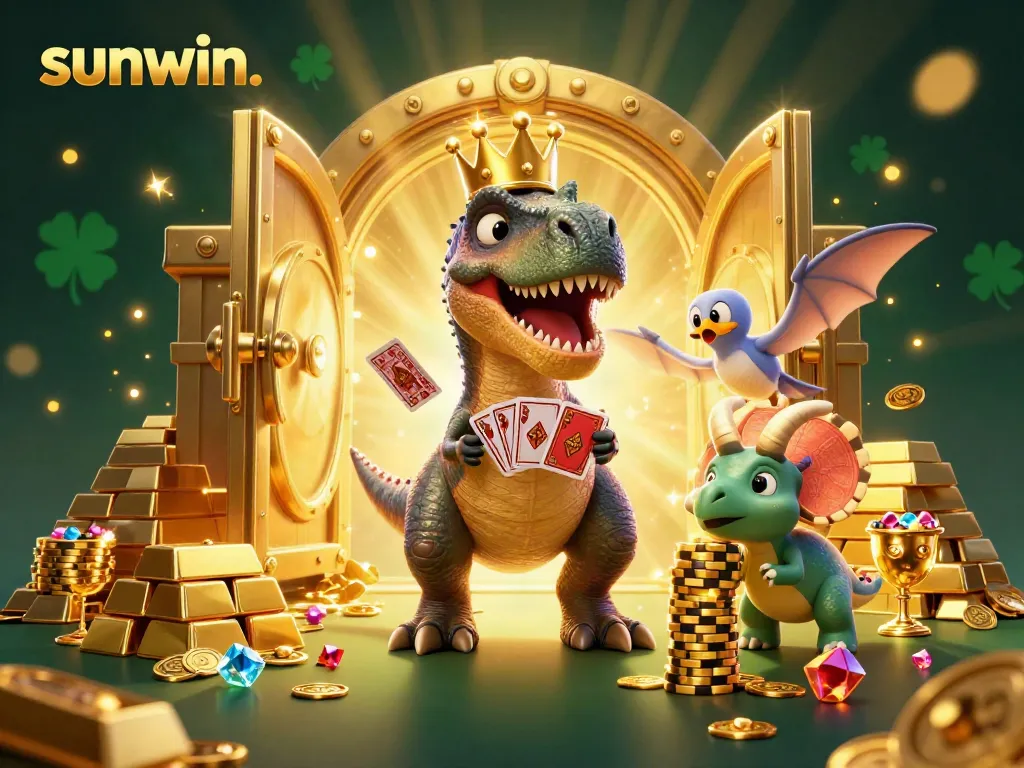 Experience the thrilling adventures of sunwin. as T-Rex card players, with gold treasures around!