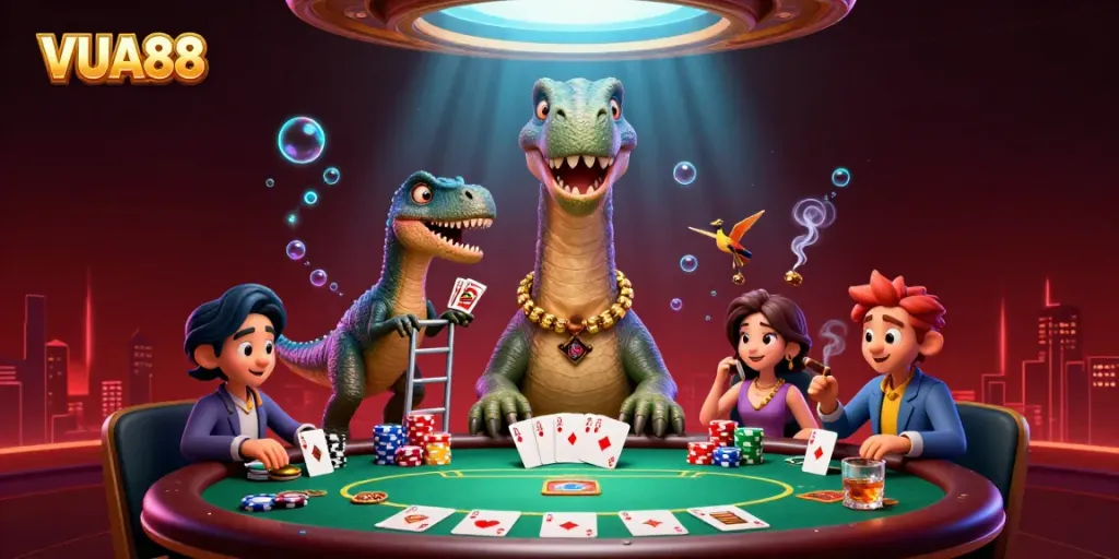 Experience thrilling casino action with VUA88, featuring a cartoon brontosaurus and raptor at a poker table.