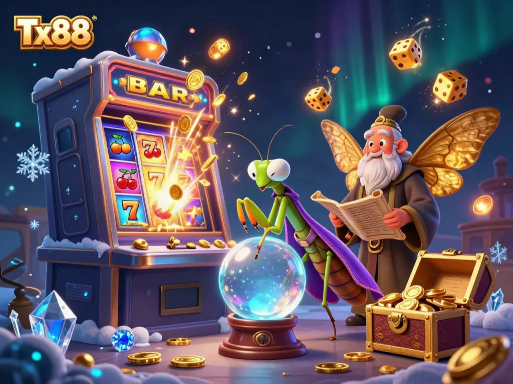 Tx88 immersive 3D casino scene with a praying mantis fortune teller and jackpot slot machine excitement