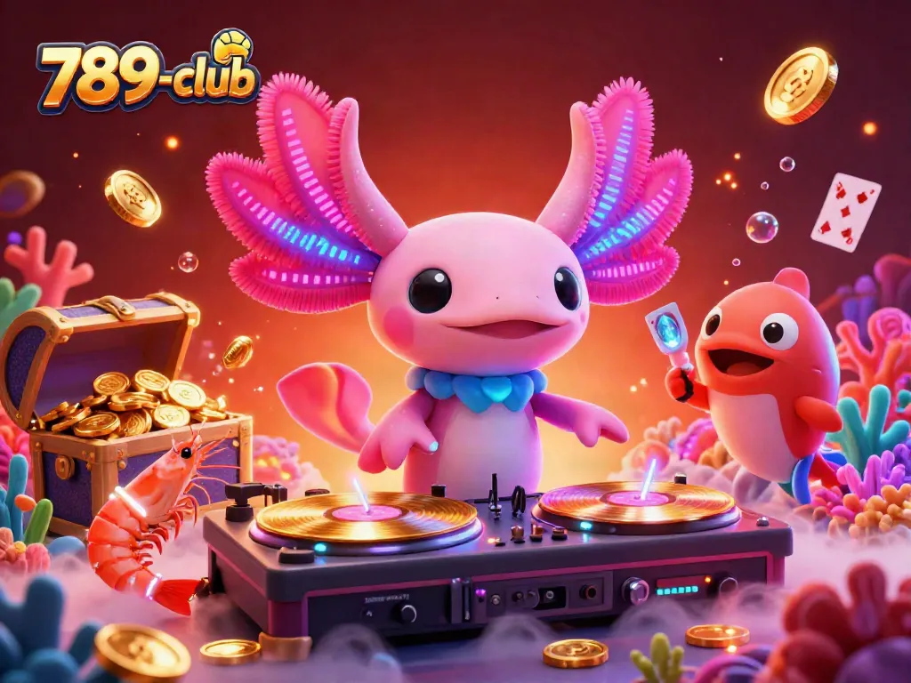 Experience the fun with vibrant gameplay at 789-club, featuring a neon axolotl DJ and treasure-filled underwater scene.