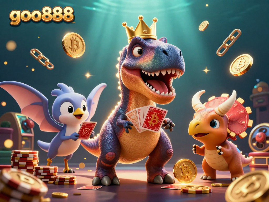 Join the fun at goo888 with a cartoon T-Rex and friends in action at the slots!