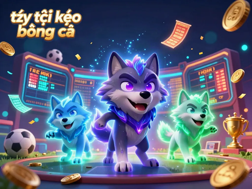 Experience the excitement of tỷ lệ kèo bóng đá in this dynamic sports betting illustration featuring glowing wolf characters and magic.