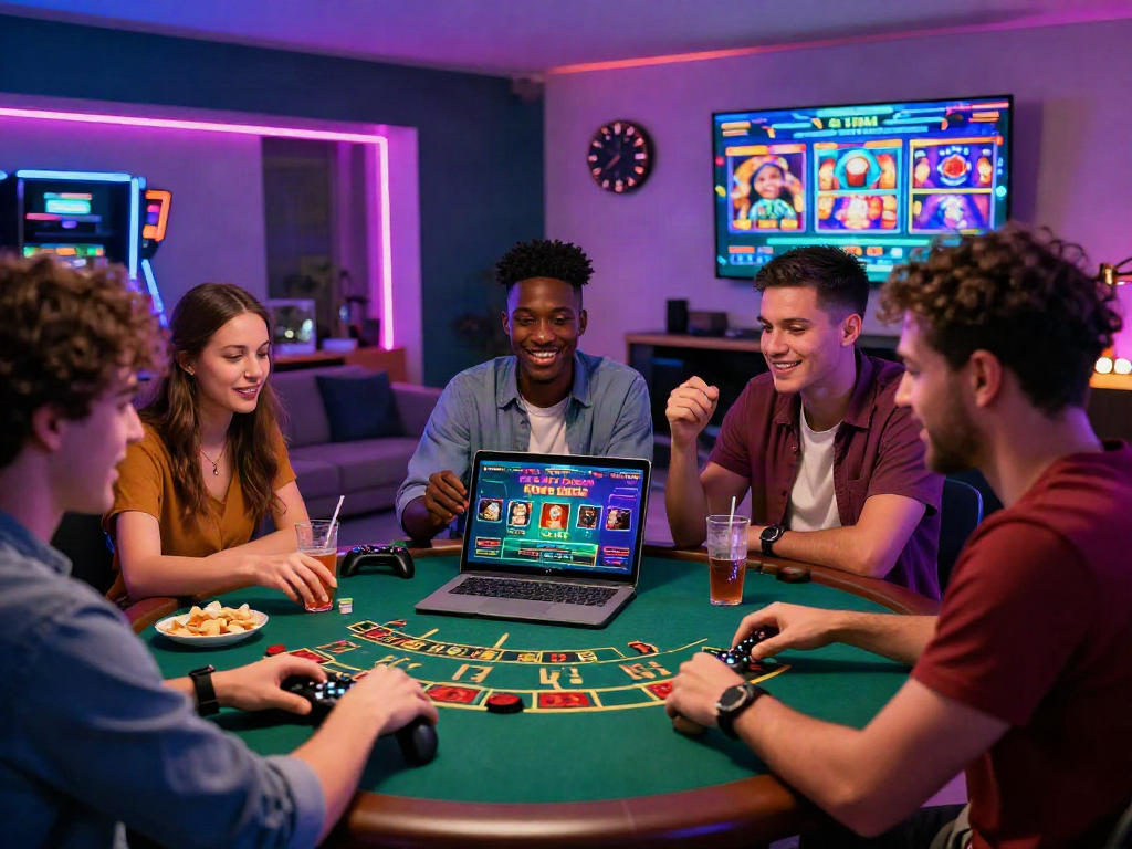 Groupe d'amis jouant ensemble aux casinos en ligne dans une ambiance festive avec jeux de table et lumières colorées.