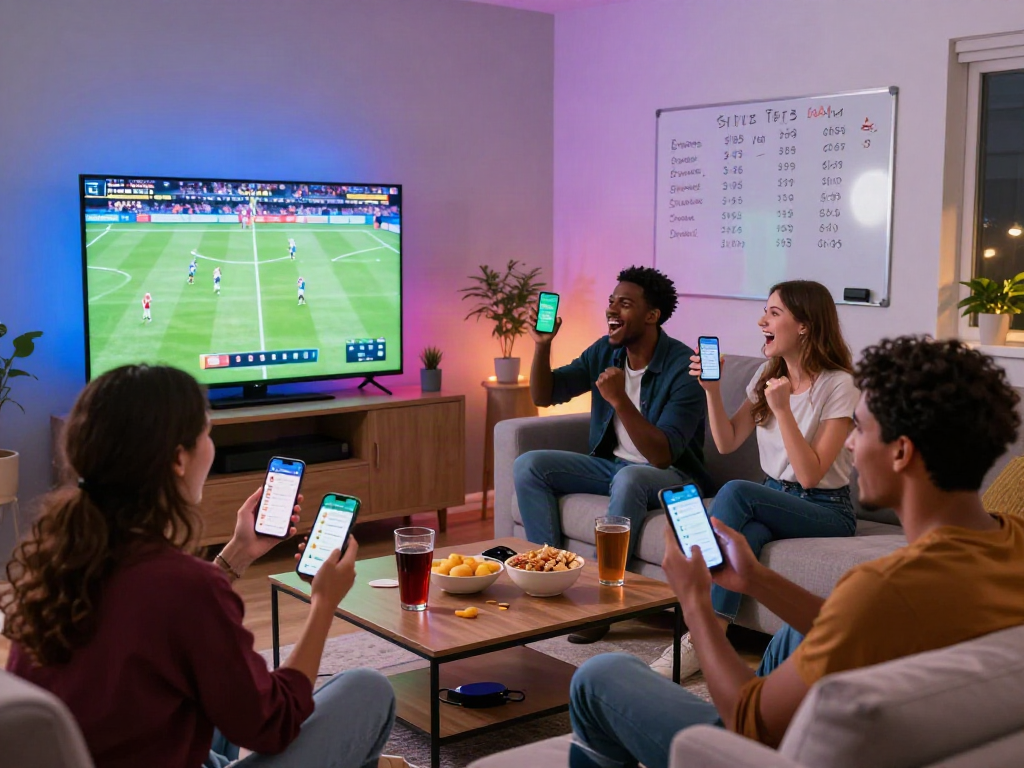 Les amis célèbrent en regardant un événement sportif sur le meilleur site de pari en ligne, entourés de snacks et de boissons.
