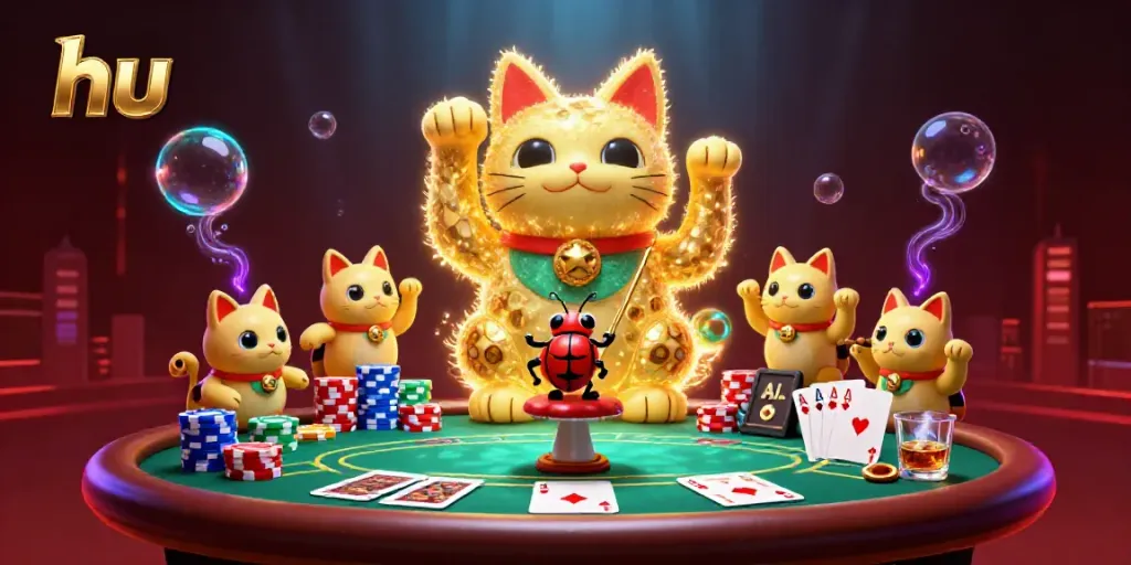 Experience the vibrant energy of hu's gaming universe with a golden lucky cat and dynamic poker scene.