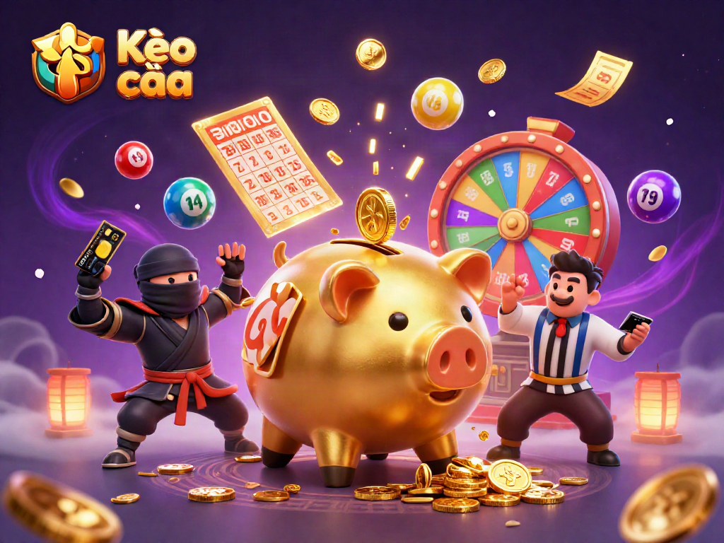 Kèo nhà cái promotional illustration featuring a golden piggy bank wrestler and gaming elements.