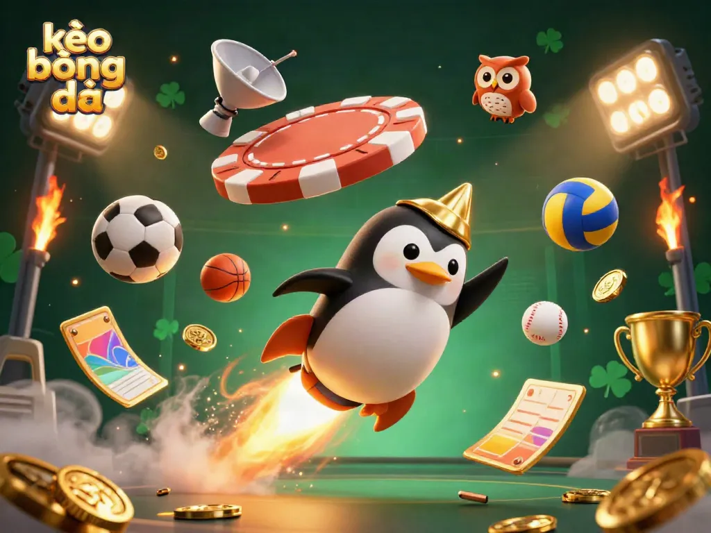Experience thrilling kèo bóng đá action with a golden penguin flying towards a casino chip space station.