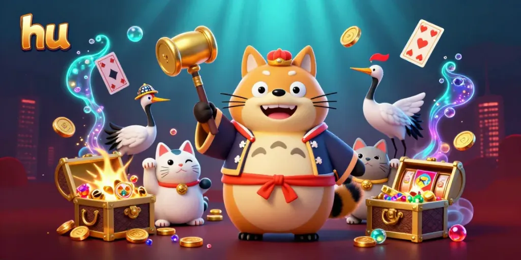 Experience hu slots excitement with vibrant 3D tanuki and friends celebrating jackpot wins.