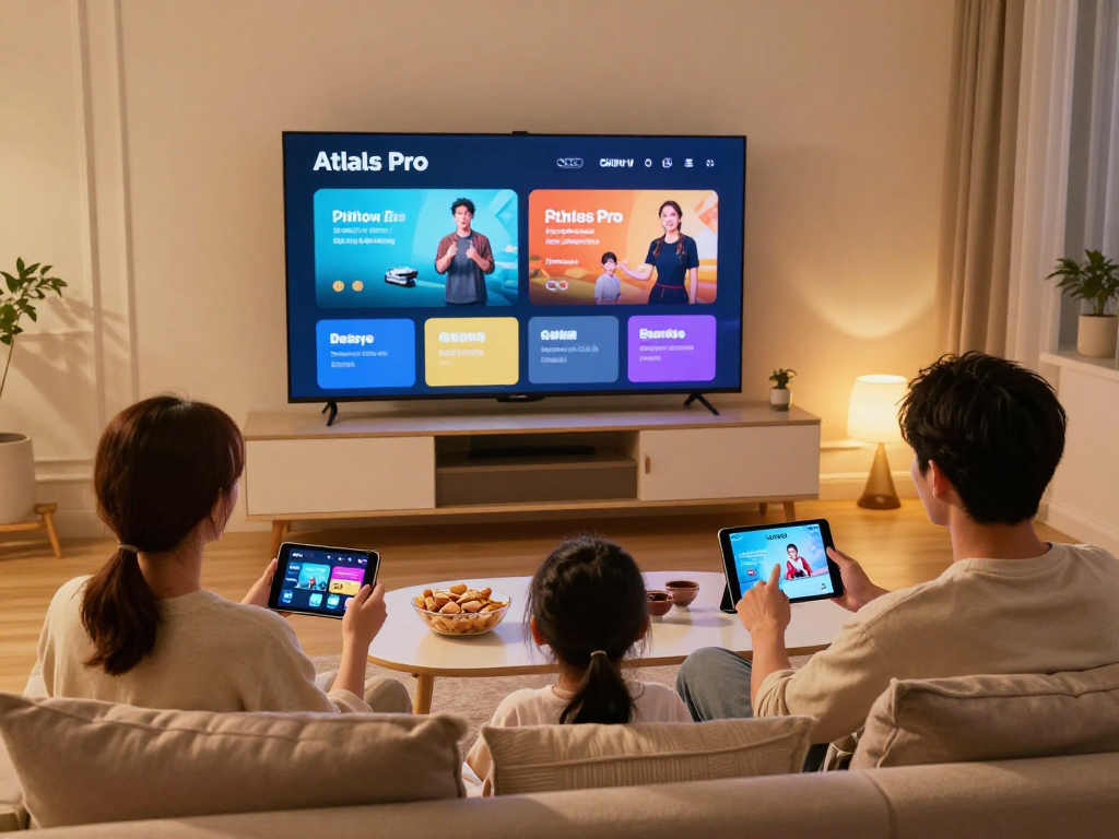 Famille utilisant Atlas Pro ONTV pour regarder des chaînes TV en qualité HD au salon.