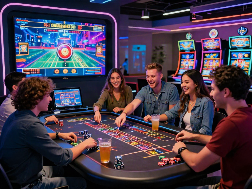 Amis jouant aux casinos en ligne avec excitation autour d'une table de roulette numérique, ambiance moderne et festive.