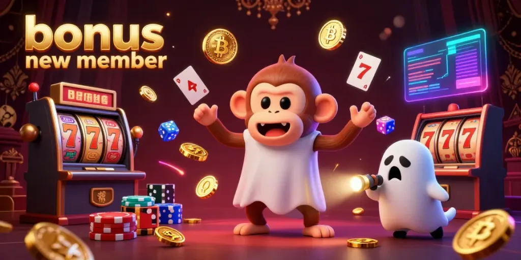 Engage with the bonus new member promotion featuring a joyful monkey juggling coins and a curious puppy in a haunted casino setting.
