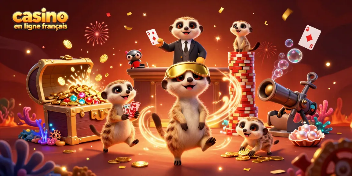 Des meerkats gèrent un casino en ligne français avec des éléments de jeu colorés et festifs.