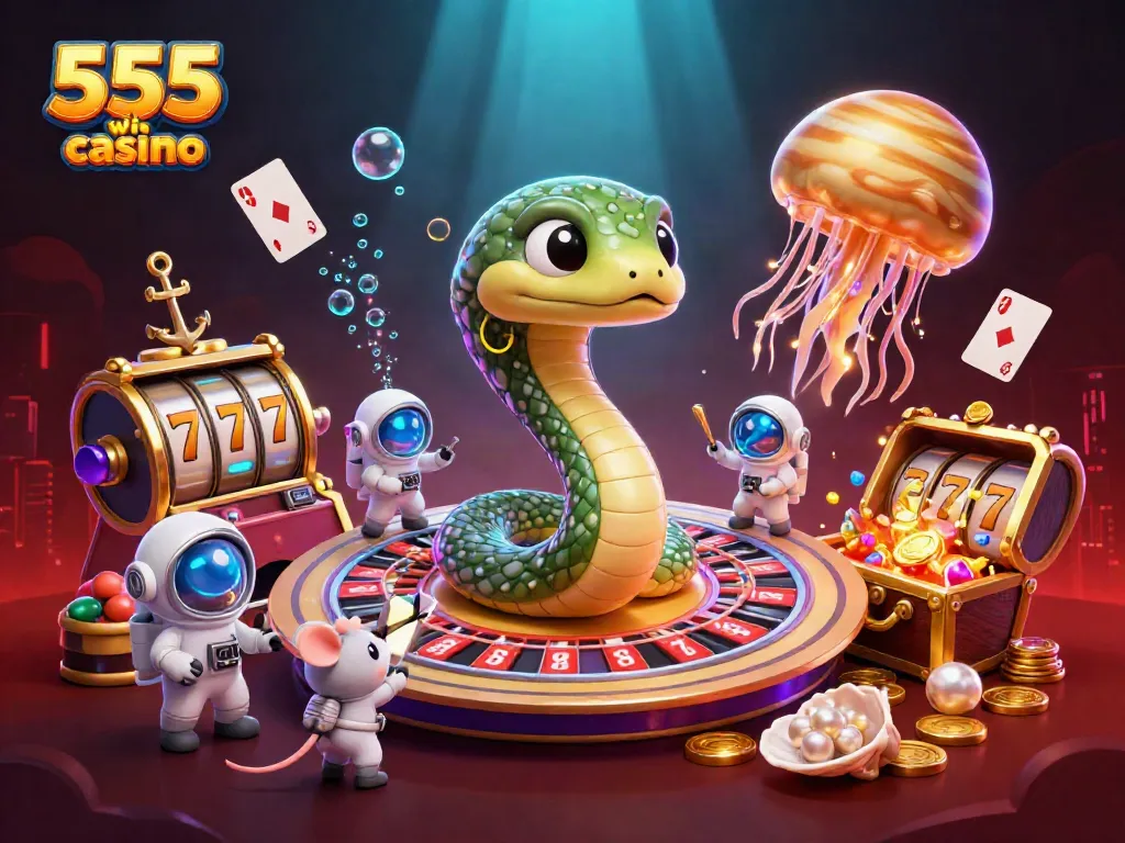 Experience the excitement of 555 win casino with animated characters around a roulette wheel.