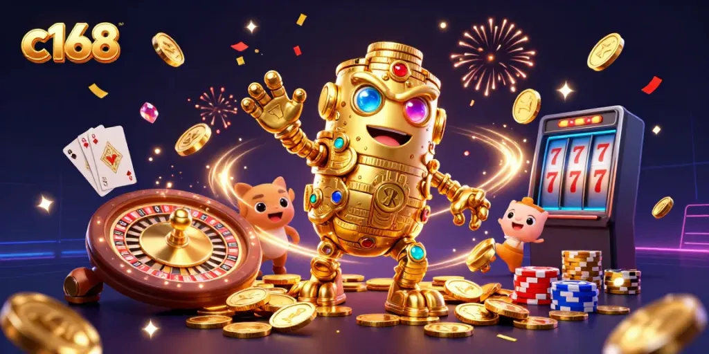 Engage with c168's vibrant casino atmosphere featuring a golden golem, roulette wheel, and slot machine symbols.