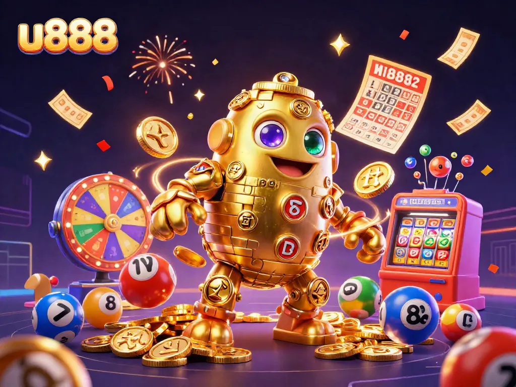 Engage with u888's thrilling gaming experience as a golden golem embodies excitement and rich rewards.