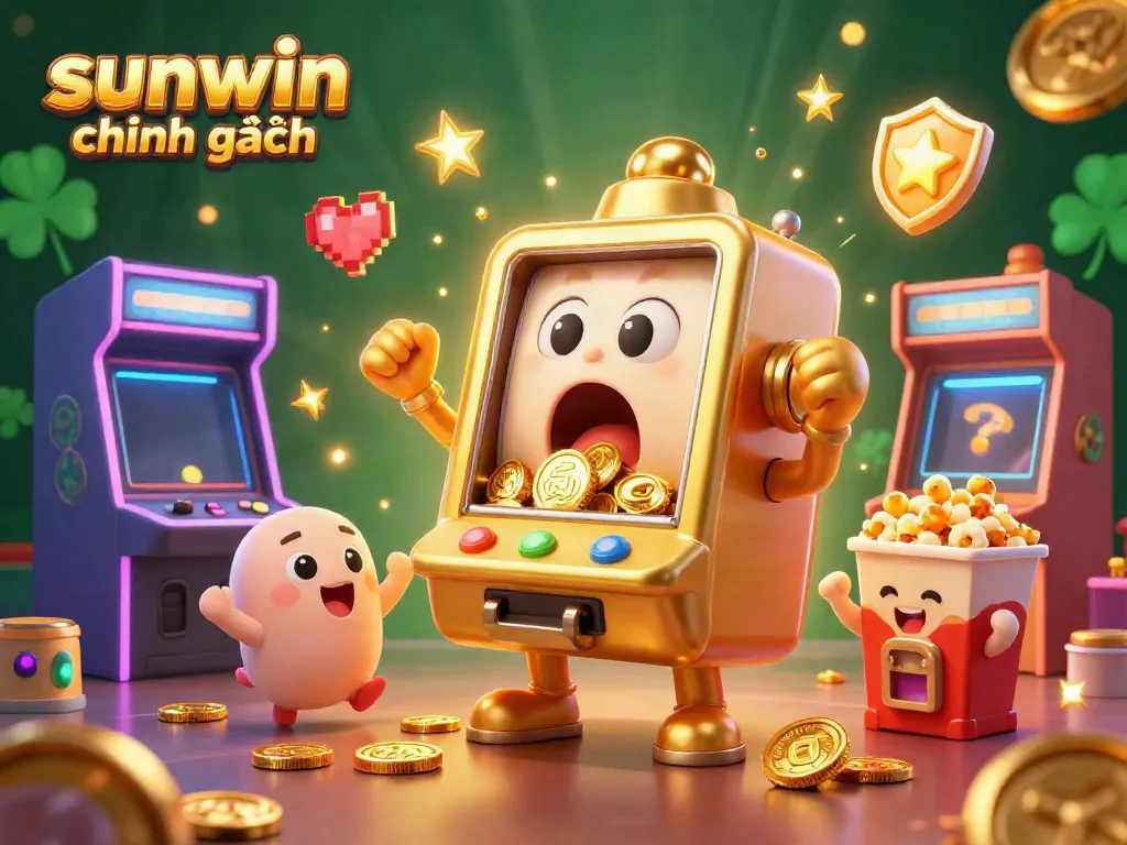 Experience jackpots with sunwin chính hãng as vivid slot machines animate in celebration amidst a casino arcade.