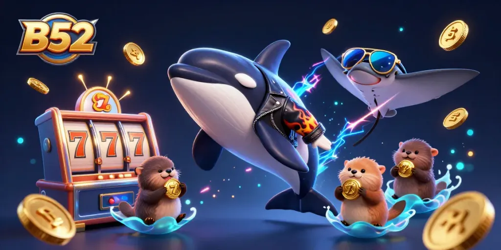 B52 casino fun with a vibrant orca, stingray, and otter characters interacting with slot machines and coins.