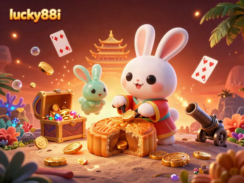 Engage with lucky88i's vibrant moon rabbit illustration showcasing fortune through interactive gaming elements.