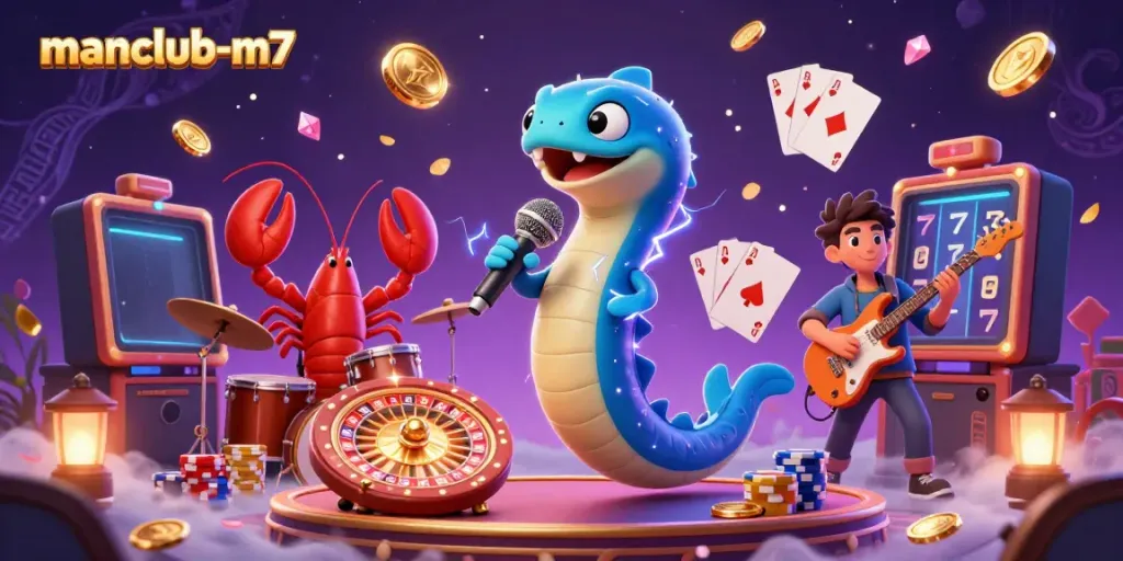 Experience the excitement of manclub-m7 with an underwater casino scene featuring vibrant characters and dynamic game elements.